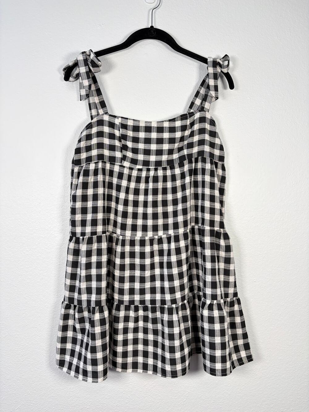 Princess Polly Black Gingham Plaid Bow Tie Shoulder Tiered Babydoll Mini Dress